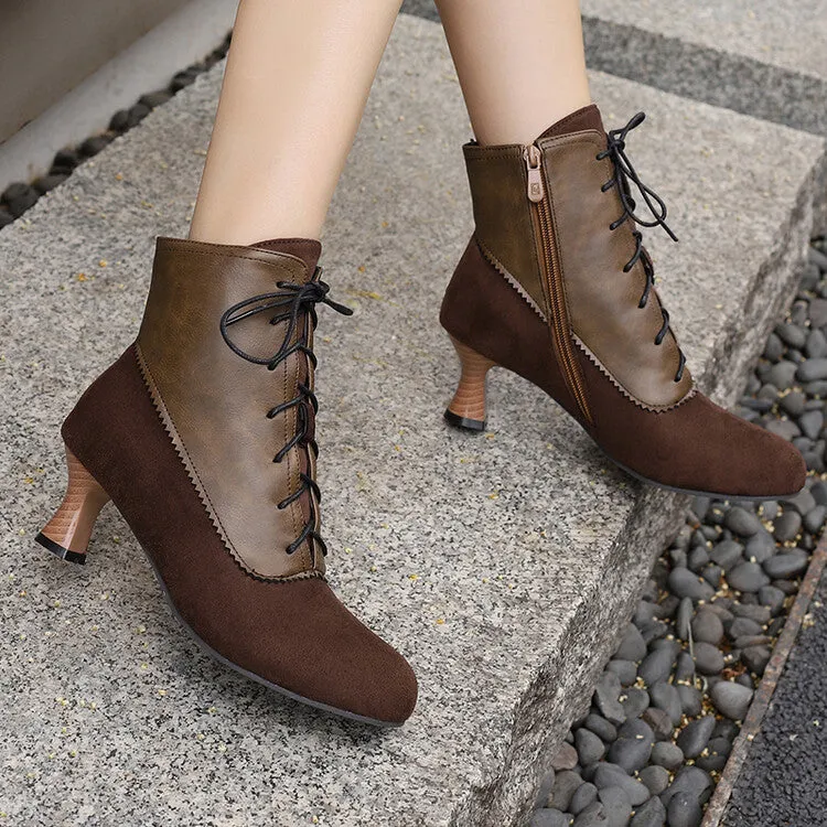 Women's Patchwork Lace-Up Round Toe Hoof Heel Ankle Boots