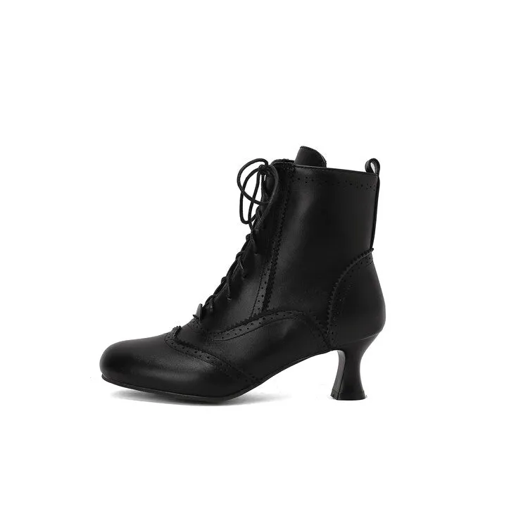 Women's Patchwork Lace-Up Round Toe Hoof Heel Ankle Boots