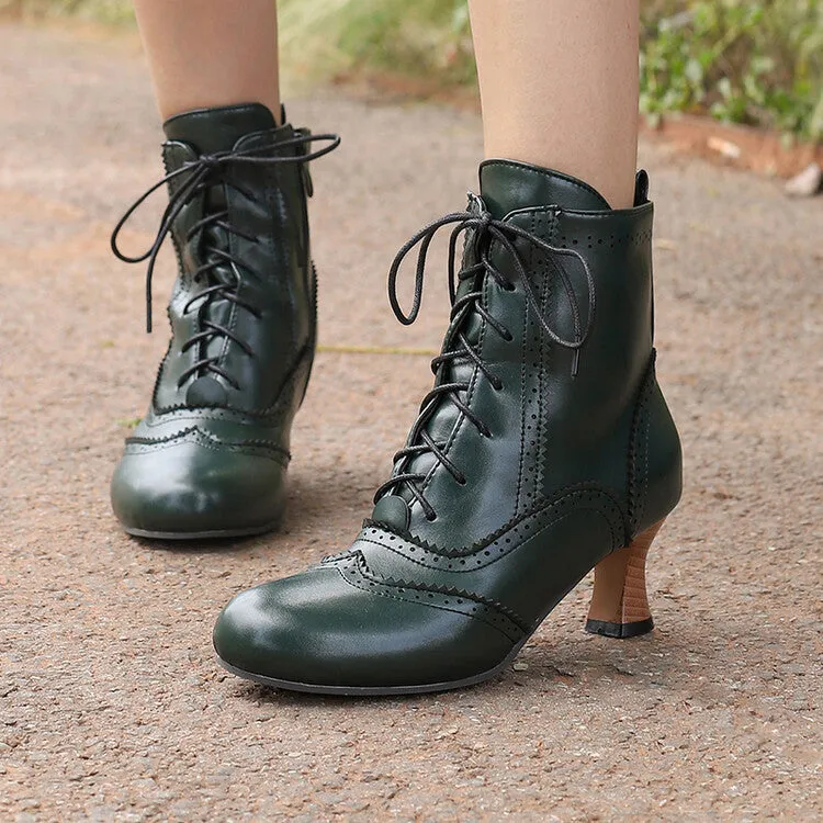 Women's Patchwork Lace-Up Round Toe Hoof Heel Ankle Boots
