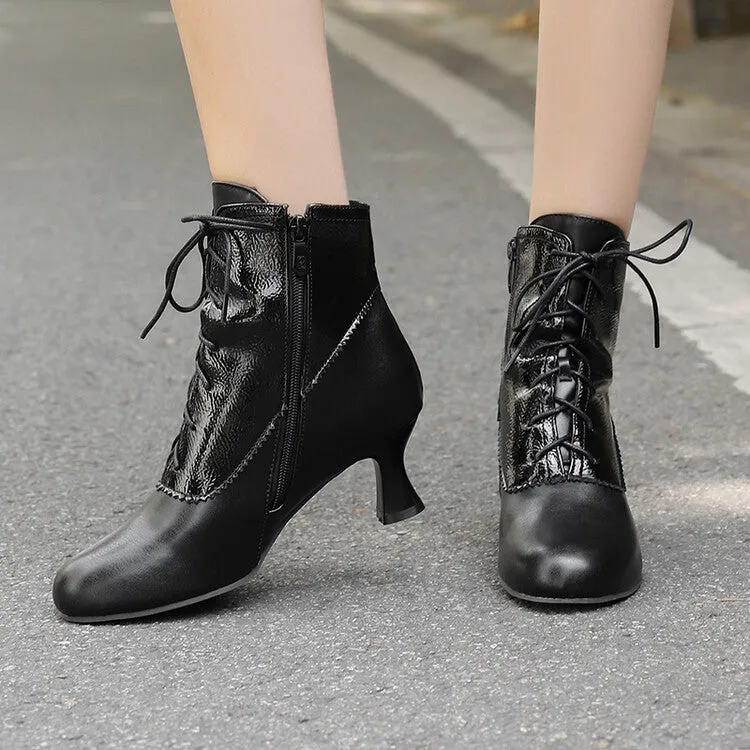 Women's Patchwork Lace-Up Round Toe Hoof Heel Ankle Boots