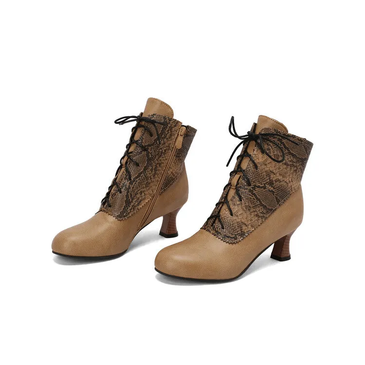Women's Patchwork Lace-Up Round Toe Hoof Heel Ankle Boots