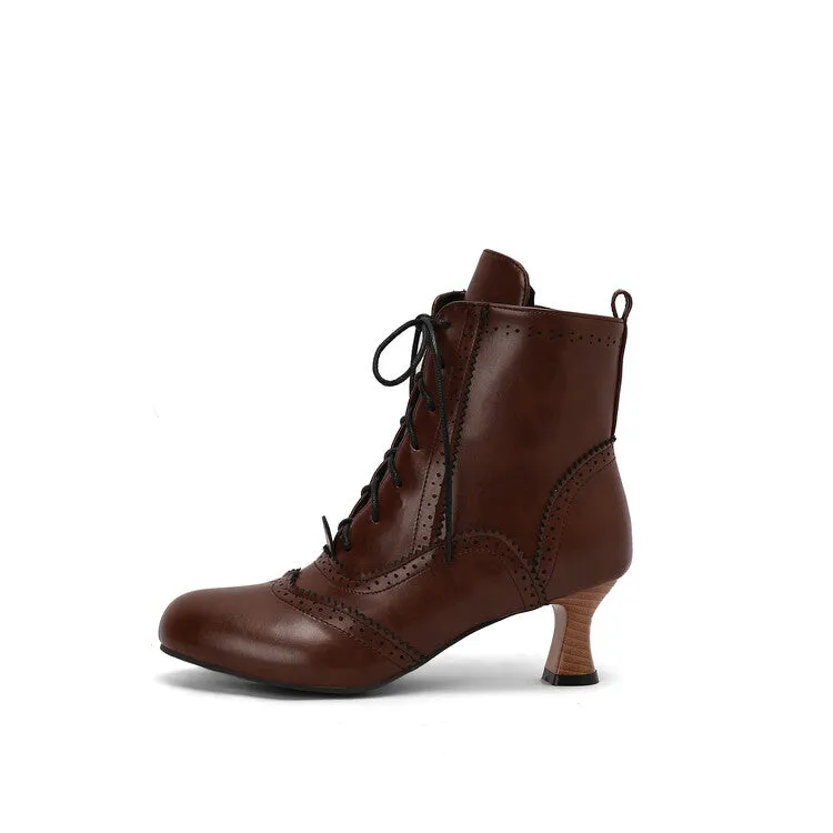 Women's Patchwork Lace-Up Round Toe Hoof Heel Ankle Boots