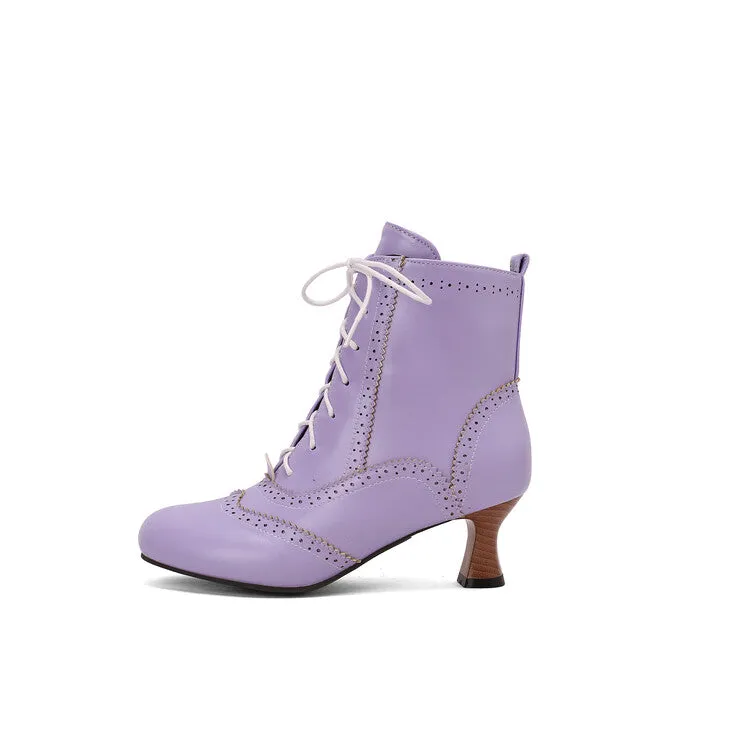 Women's Patchwork Lace-Up Round Toe Hoof Heel Ankle Boots