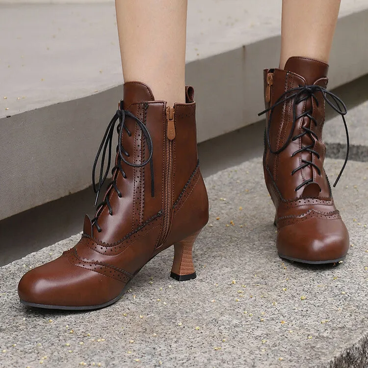Women's Patchwork Lace-Up Round Toe Hoof Heel Ankle Boots