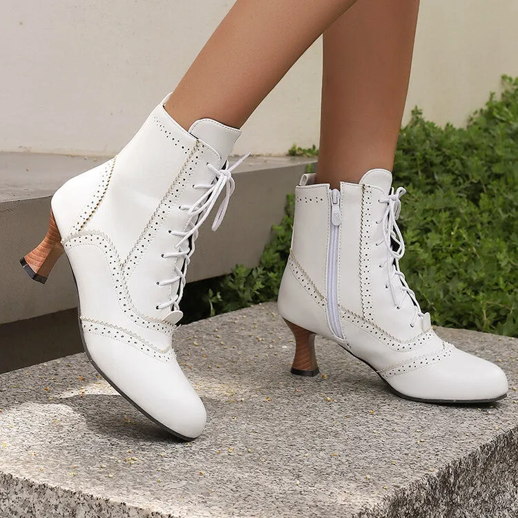 Women's Patchwork Lace-Up Round Toe Hoof Heel Ankle Boots