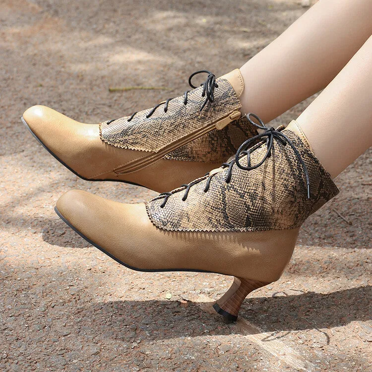 Women's Patchwork Lace-Up Round Toe Hoof Heel Ankle Boots