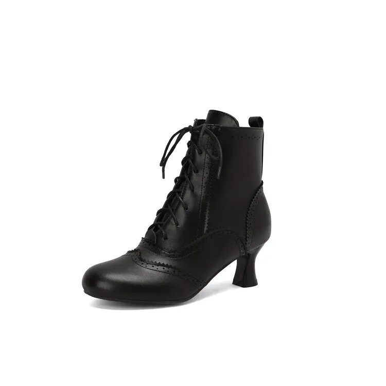 Women's Patchwork Lace-Up Round Toe Hoof Heel Ankle Boots