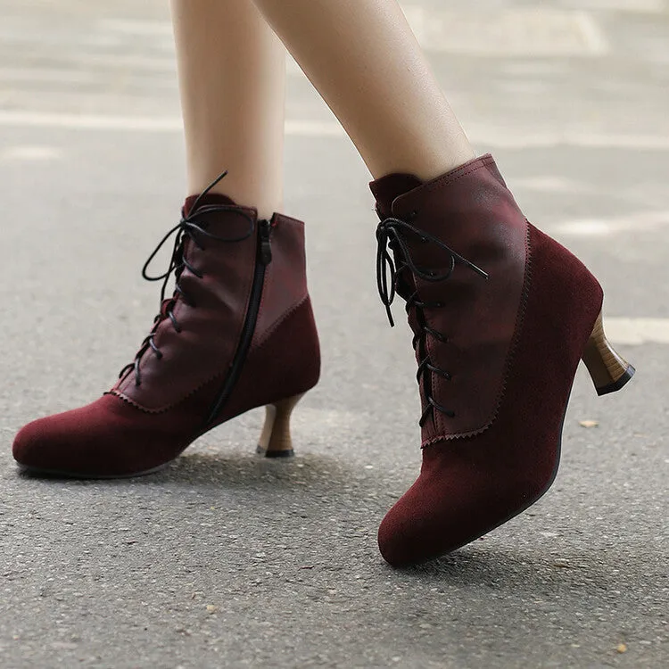 Women's Patchwork Lace-Up Round Toe Hoof Heel Ankle Boots