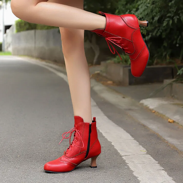 Women's Patchwork Lace-Up Round Toe Hoof Heel Ankle Boots