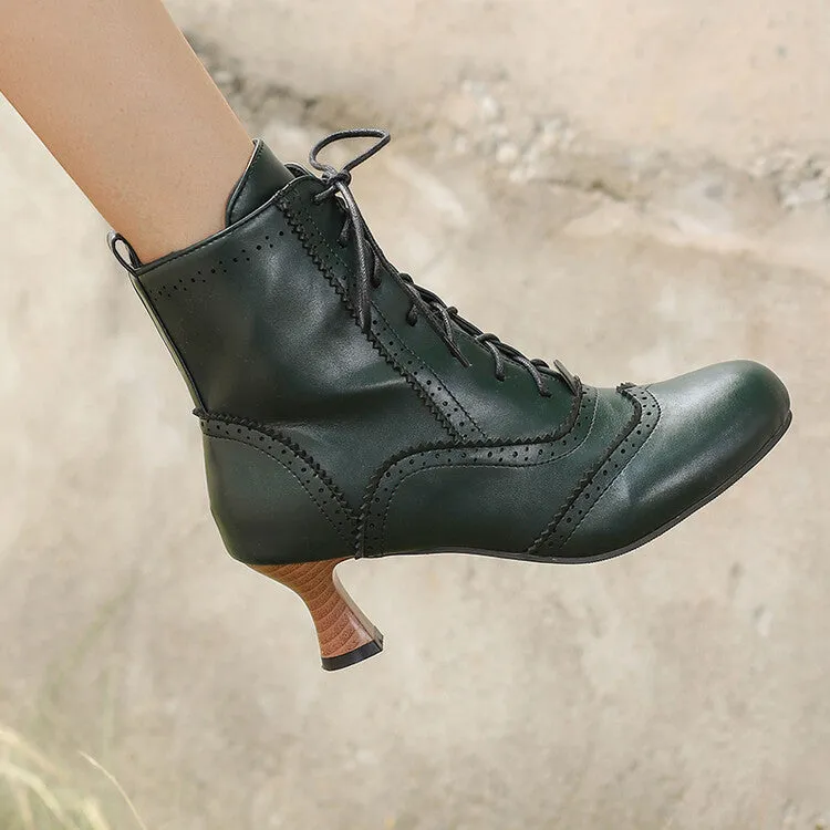 Women's Patchwork Lace-Up Round Toe Hoof Heel Ankle Boots