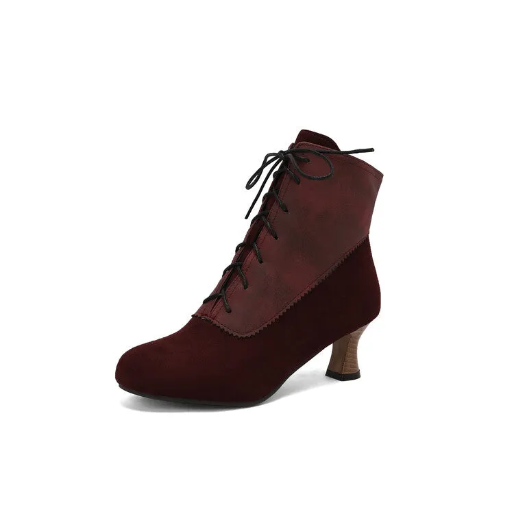 Women's Patchwork Lace-Up Round Toe Hoof Heel Ankle Boots