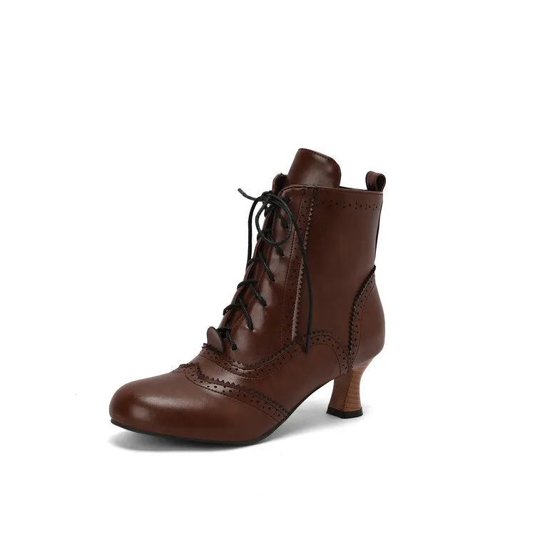 Women's Patchwork Lace-Up Round Toe Hoof Heel Ankle Boots