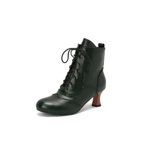 Women's Patchwork Lace-Up Round Toe Hoof Heel Ankle Boots