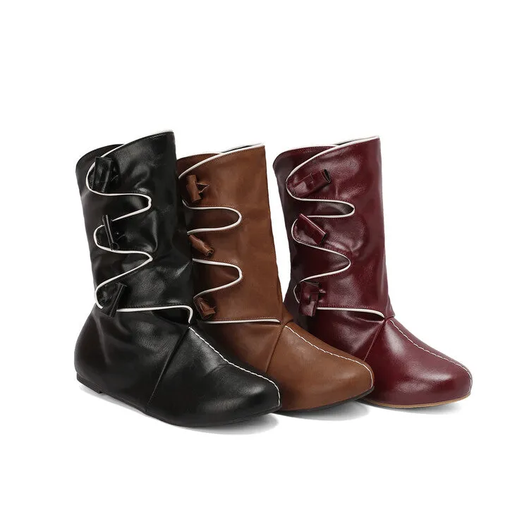 Women's Patchwork Round Toe Flat Mid Calf Boots