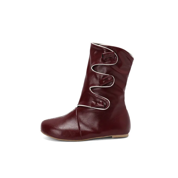 Women's Patchwork Round Toe Flat Mid Calf Boots