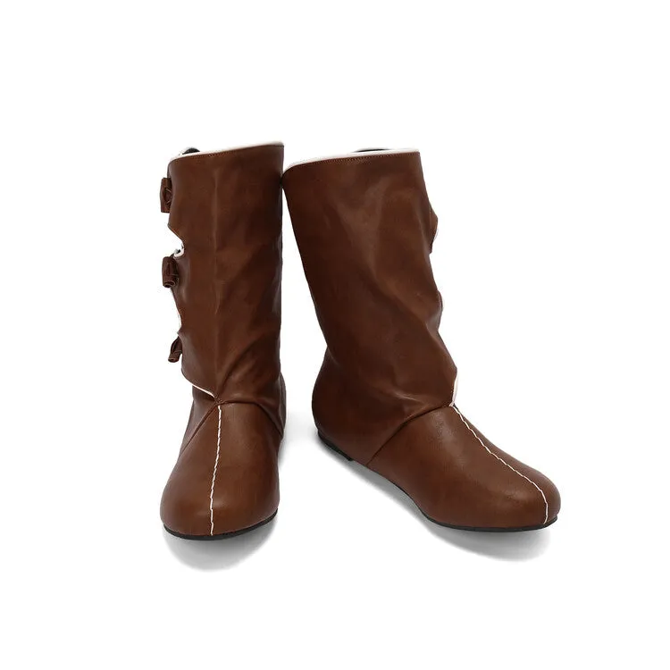 Women's Patchwork Round Toe Flat Mid Calf Boots