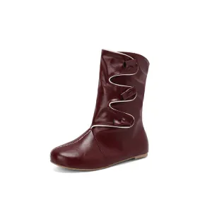 Women's Patchwork Round Toe Flat Mid Calf Boots