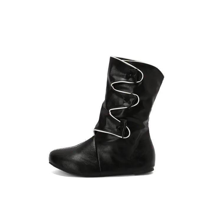 Women's Patchwork Round Toe Flat Mid Calf Boots