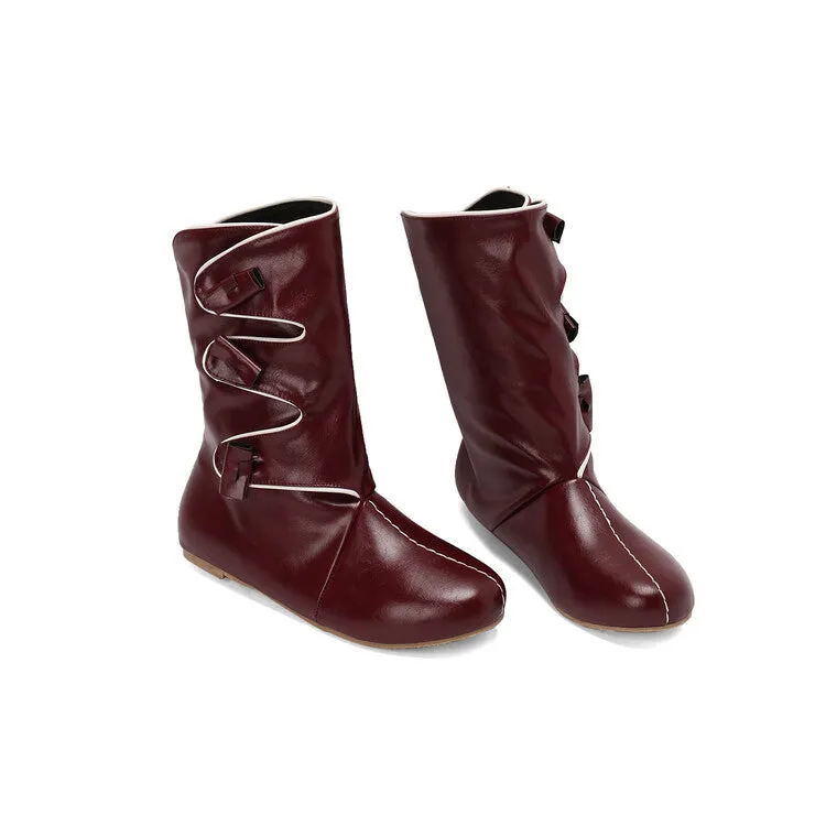 Women's Patchwork Round Toe Flat Mid Calf Boots