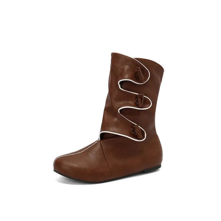 Women's Patchwork Round Toe Flat Mid Calf Boots