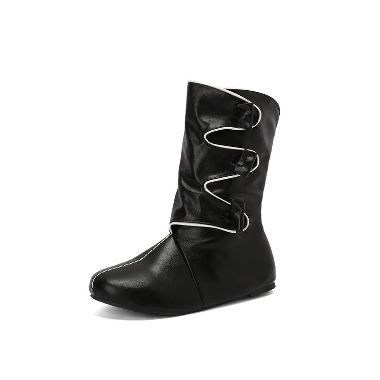 Women's Patchwork Round Toe Flat Mid Calf Boots