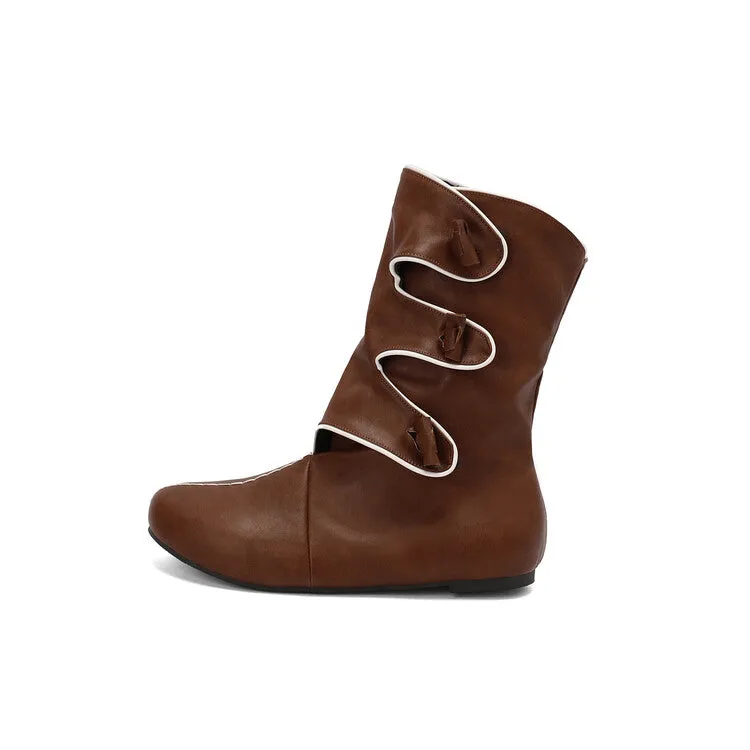 Women's Patchwork Round Toe Flat Mid Calf Boots