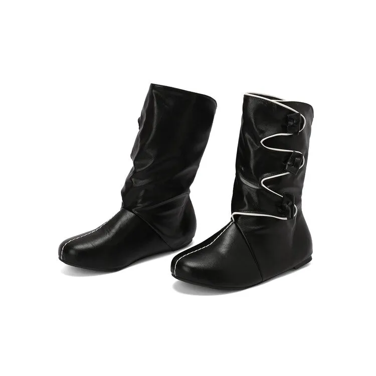 Women's Patchwork Round Toe Flat Mid Calf Boots