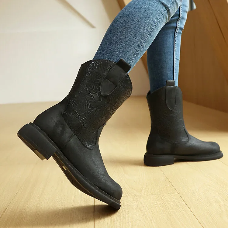 Women's Patchwork Round Toe Flat Platform Mid Calf Western Boots