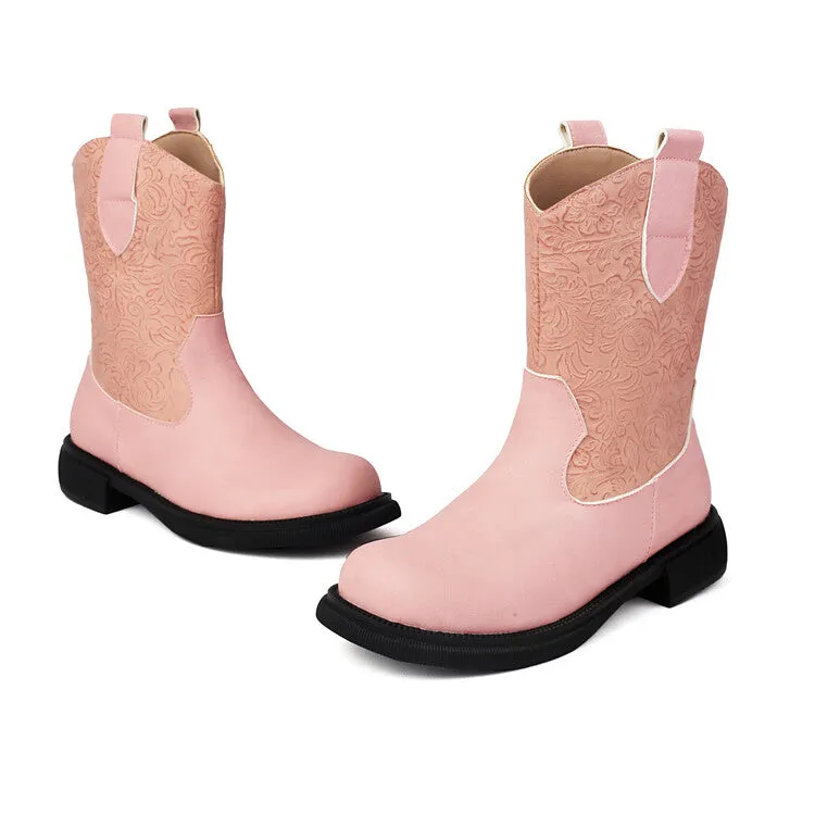 Women's Patchwork Round Toe Flat Platform Mid Calf Western Boots