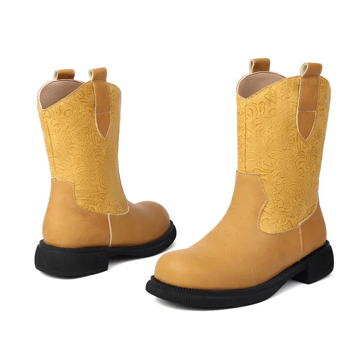 Women's Patchwork Round Toe Flat Platform Mid Calf Western Boots