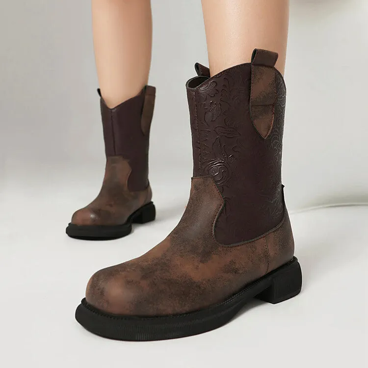Women's Patchwork Round Toe Flat Platform Mid Calf Western Boots