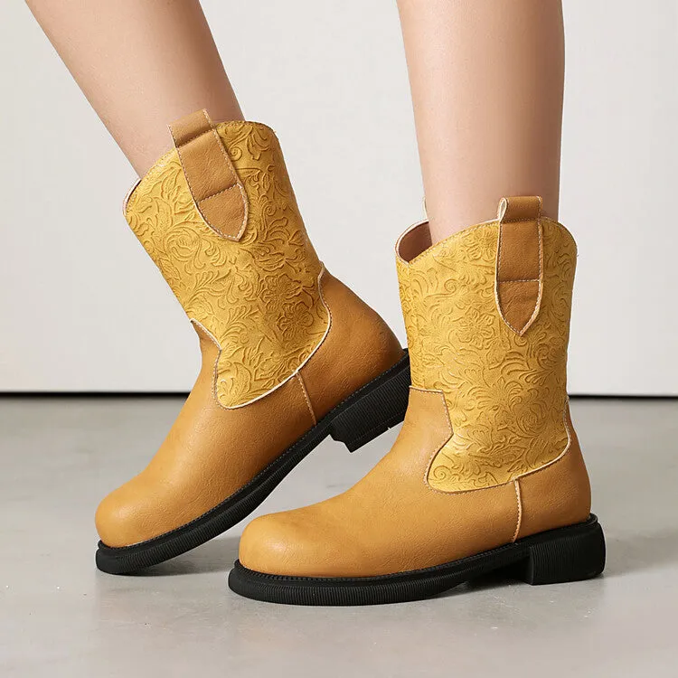 Women's Patchwork Round Toe Flat Platform Mid Calf Western Boots