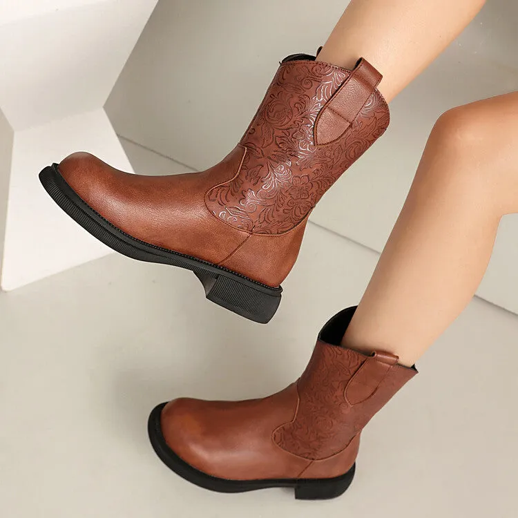 Women's Patchwork Round Toe Flat Platform Mid Calf Western Boots