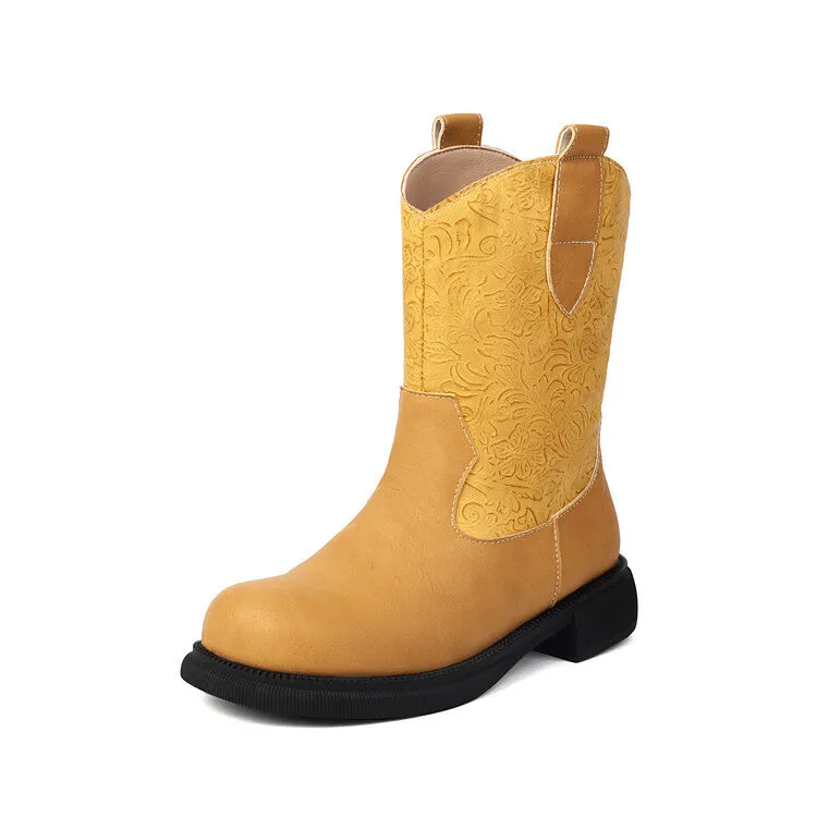 Women's Patchwork Round Toe Flat Platform Mid Calf Western Boots