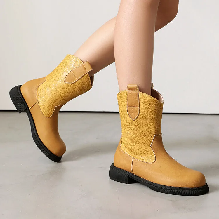 Women's Patchwork Round Toe Flat Platform Mid Calf Western Boots