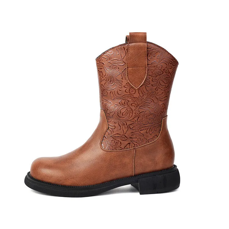 Women's Patchwork Round Toe Flat Platform Mid Calf Western Boots