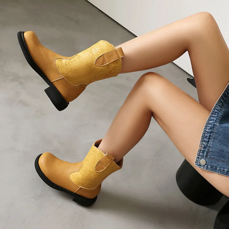 Women's Patchwork Round Toe Flat Platform Mid Calf Western Boots