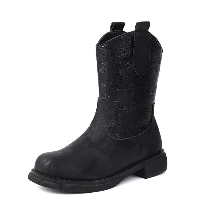 Women's Patchwork Round Toe Flat Platform Mid Calf Western Boots