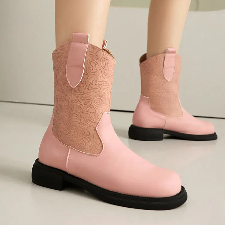 Women's Patchwork Round Toe Flat Platform Mid Calf Western Boots