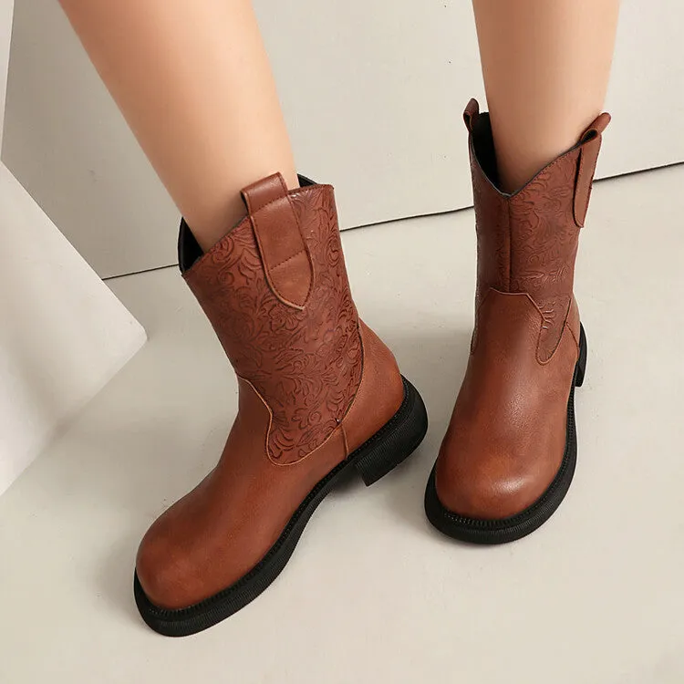 Women's Patchwork Round Toe Flat Platform Mid Calf Western Boots