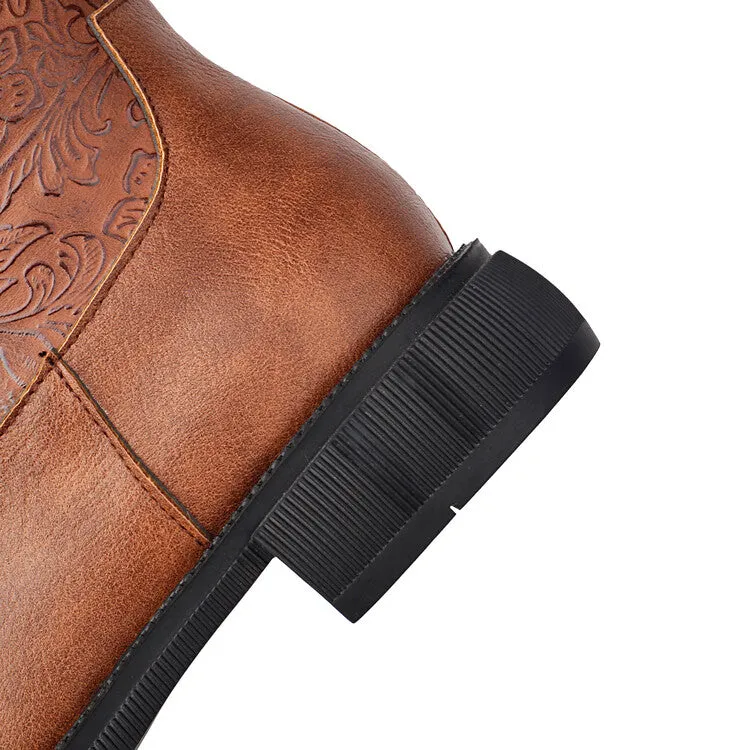 Women's Patchwork Round Toe Flat Platform Mid Calf Western Boots