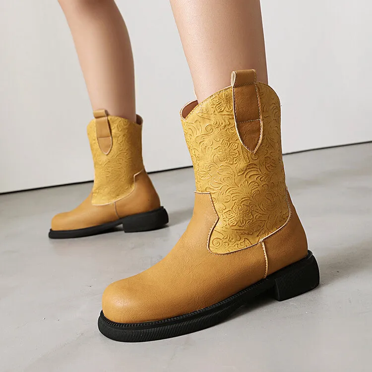 Women's Patchwork Round Toe Flat Platform Mid Calf Western Boots
