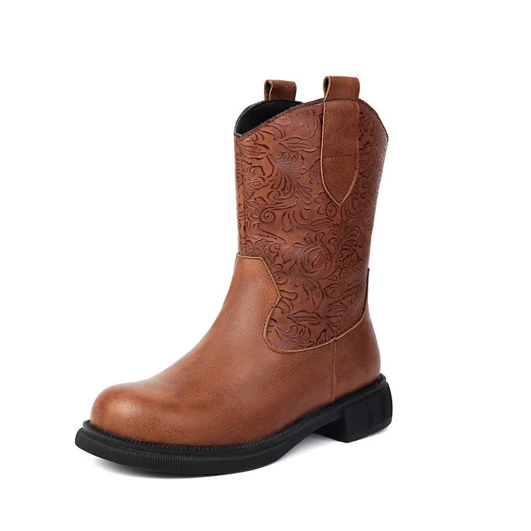 Women's Patchwork Round Toe Flat Platform Mid Calf Western Boots