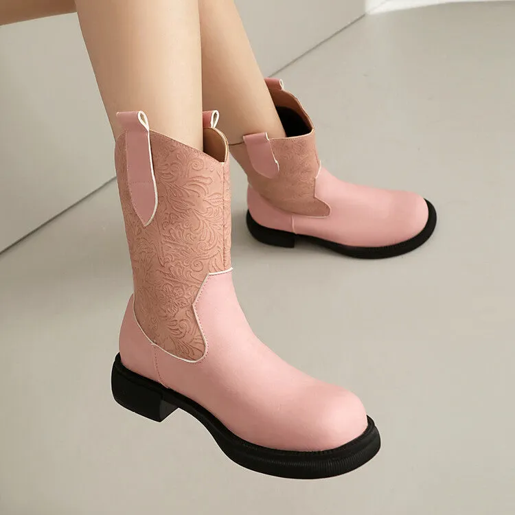 Women's Patchwork Round Toe Flat Platform Mid Calf Western Boots