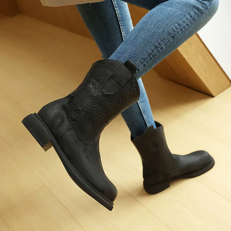 Women's Patchwork Round Toe Flat Platform Mid Calf Western Boots