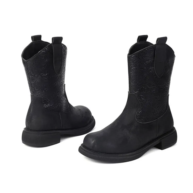 Women's Patchwork Round Toe Flat Platform Mid Calf Western Boots