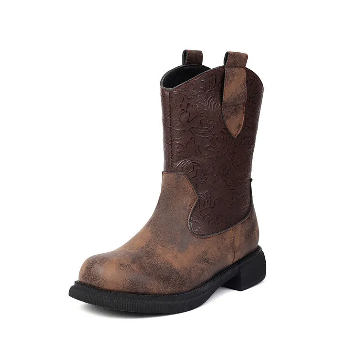 Women's Patchwork Round Toe Flat Platform Mid Calf Western Boots