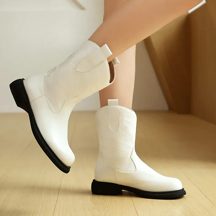 Women's Patchwork Round Toe Flat Platform Mid Calf Western Boots