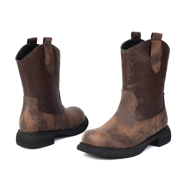 Women's Patchwork Round Toe Flat Platform Mid Calf Western Boots