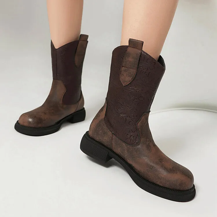 Women's Patchwork Round Toe Flat Platform Mid Calf Western Boots